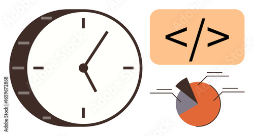 Clock represents time management, code snippet signifies programming, pie chart visualizes data. Ideal for productivity, technology, analytics, planning, efficiency, organization teamwork themes