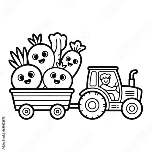 Cute cartoon tractor pulling a wagon full of happy vegetables food farming
