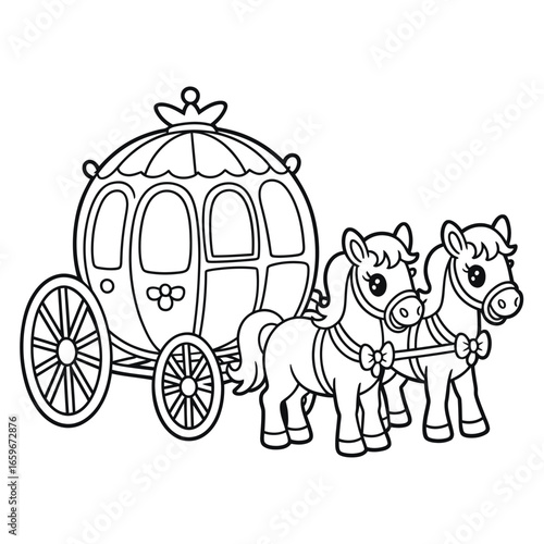 Black and white drawing of a princess carriage pulled by two horses fairy tale