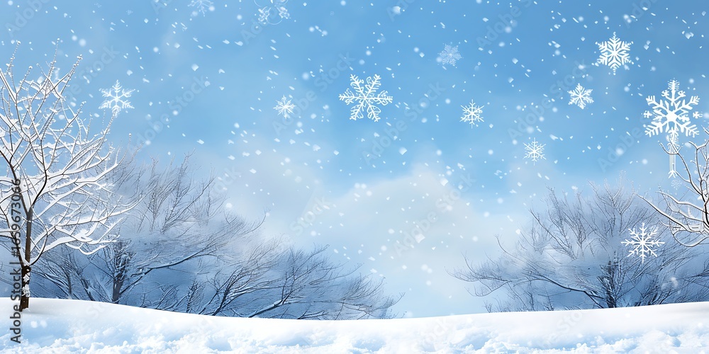 Fototapeta premium Whimsical snowy winter landscape with bare frosty trees, falling snowflakes, and dreamy blue sky in a magical holiday background
