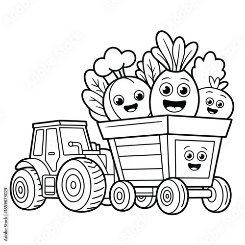 Cartoon tractor pulling wagon of happy vegetables on white background farm agriculture