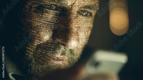 Un uomo guarda il suo telefono e i suoi dati digitali sovrascrivono il suo volto. Concetto di identità digitale