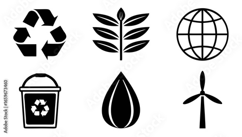 Set of six black and white icons representing environmental sustainability and nature