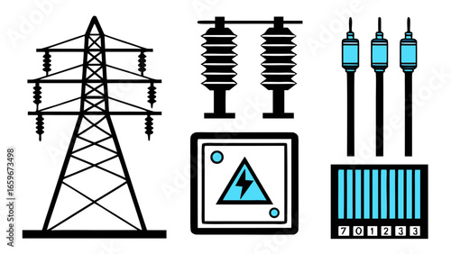 Set of electrical industry icons and symbols for power transmission