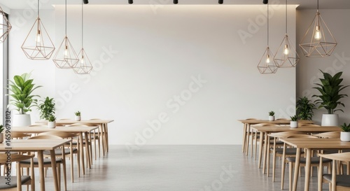 Bright, Minimalist Cafe Interior with Symmetrical Wooden Tables and a Large Blank Wall for Mockups.