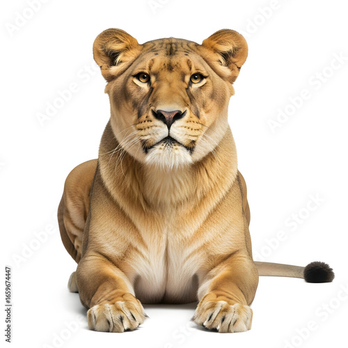 Majestic adult lioness lying down facing camera.