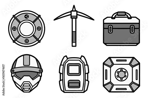 Sci fi equipment and gear icons set futuristic technology and tools