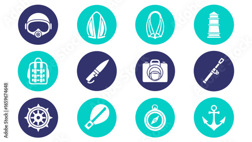 Nautical and maritime icons set featuring ship wheel anchor compass and lighthouse