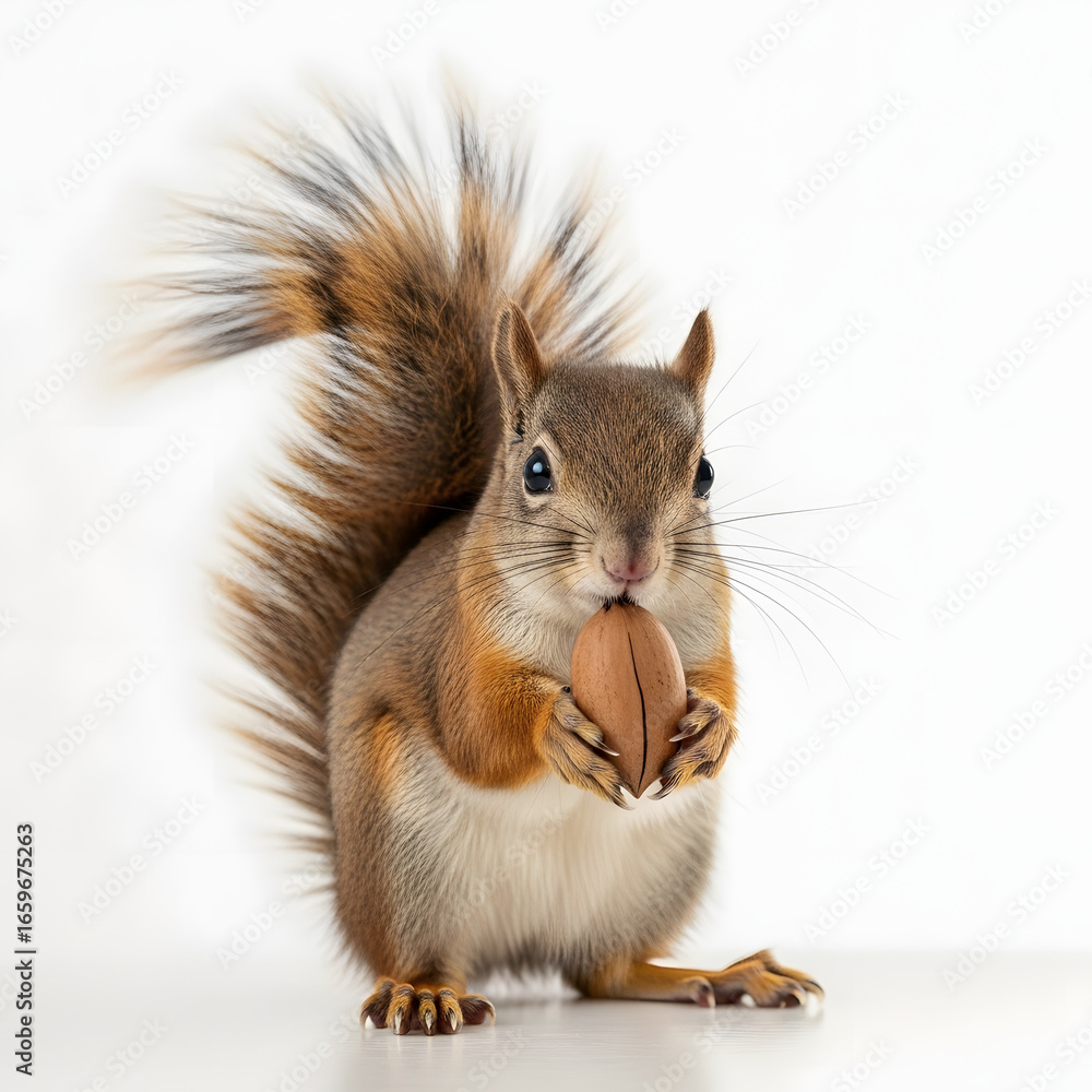 Obraz premium Red Squirrel Holding Nut Against White Background.