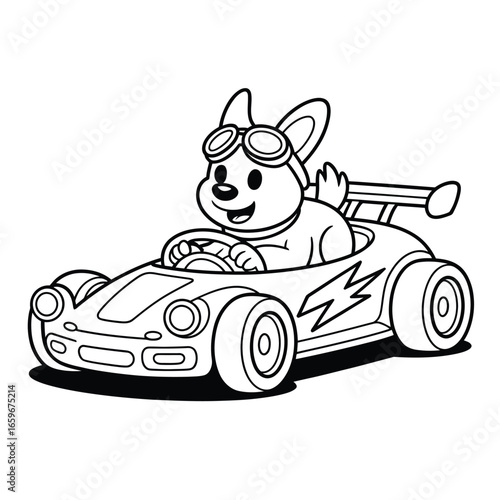 Cartoon dog wearing goggles driving a race car puppy corgi