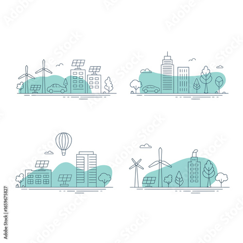 Vector art of ecofriendly cityscape with renewable energy sources and modern buildings