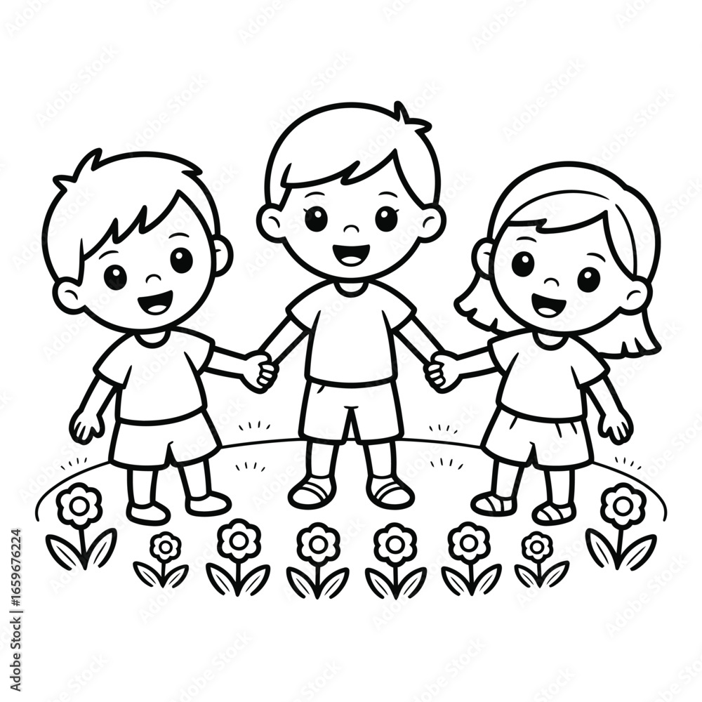Three happy cartoon children holding hands in a field of flowers kids smiling Three happy cartoon children holding hands in a field of flowers kids smiling