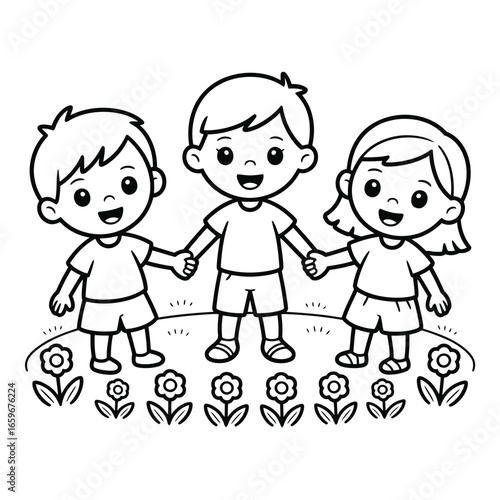 Three happy cartoon children holding hands in a field of flowers kids smiling