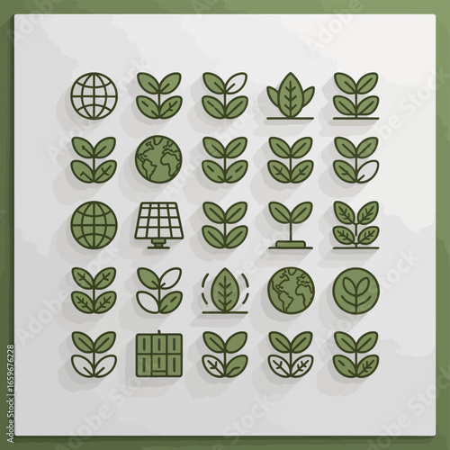 Vector art of collection of green ecofriendly icons with earth and plant symbols