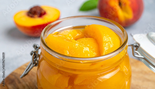 Fototapeta Naklejka Na Ścianę i Meble -  Glass jar filled with preserved peaches in syrup. Sweet organic dessert. Tasty food.