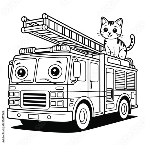 Coloring Page of a Fire Truck with a Cat on Top black and white firetruck