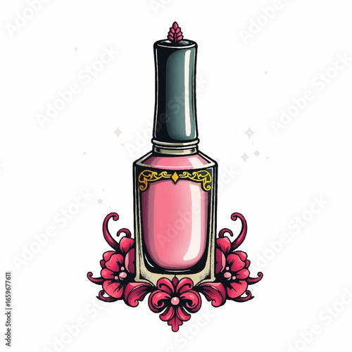 A single bottle of pink nail polish with a brush is isolated on a clean white background, showcasing a cosmetic used for a glamorous manicure