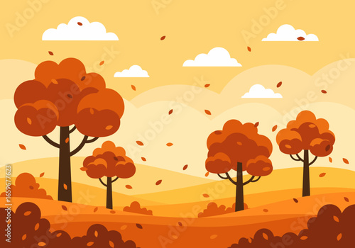 Stylized vector background of a tranquil autumn landscape with orange trees, rolling hills, and falling leaves. Flat design illustration for the fall season.