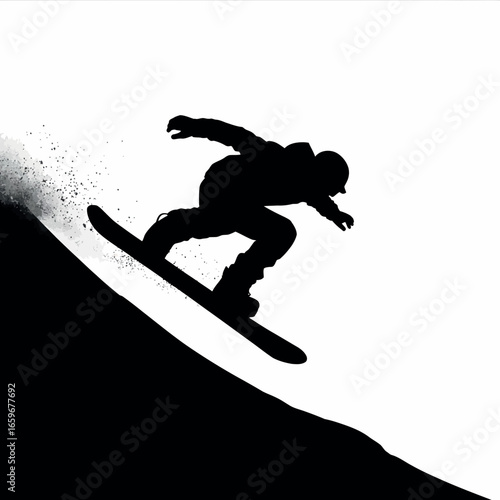 Vector art of silhouette of a snowboarder riding down a snowy slope