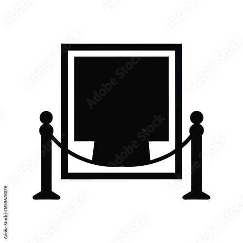 Black and white illustration of a framed artwork behind rope barrier