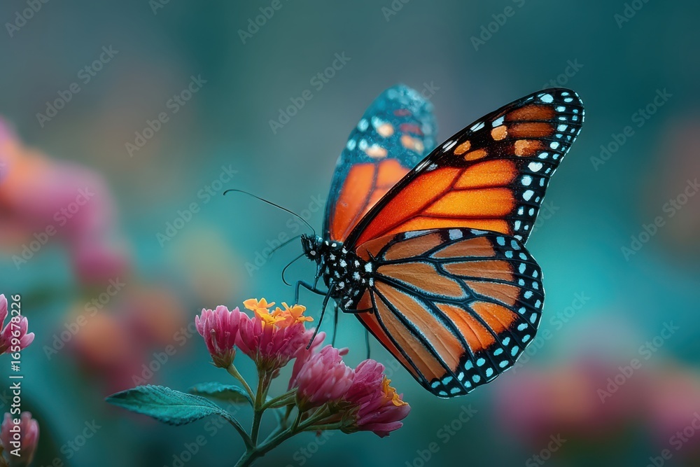 Fototapeta premium A monarch butterfly perched on a pink flower with a blurred turquoise background in a nature setting