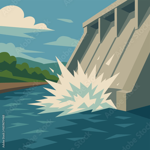 Dynamic water splash by hydro dam in retro colorful style