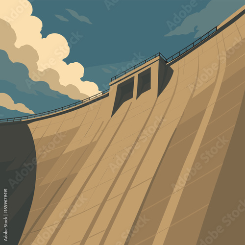 Majestic dam under blue sky: geometric architecture and dramatic clouds