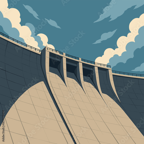 Illustrative view of a dam structure with dramatic sky in retro style