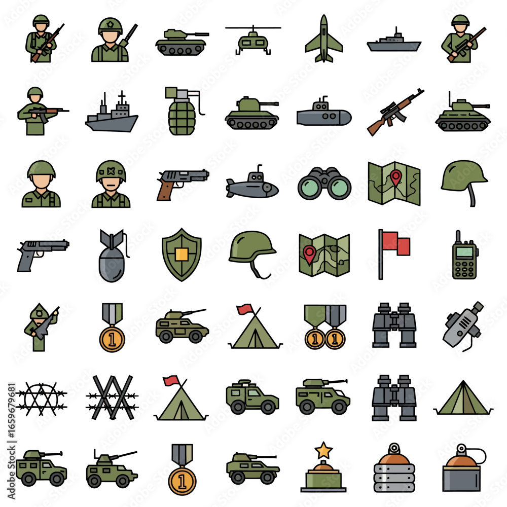 Obraz premium Military Icons and Symbols: Essential army elements for strategic design and impactful visual projects