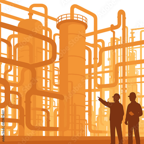Silhouette engineers in industrial plant with orange background and pipework