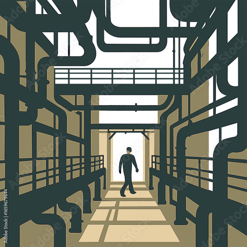 Silhouette of person walking in industrial corridor with pipes and shadows