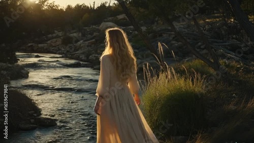 Woman with flowing hair by a stream at sunset