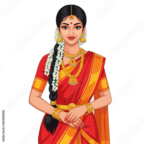 Beautiful Indian Woman in Traditional Saree with Golden Jewelry Illustration
