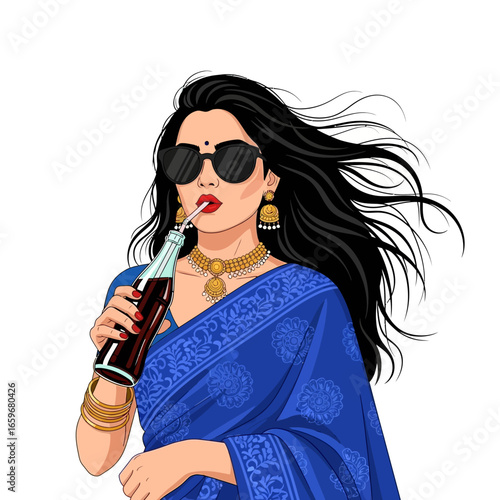 Stylish Woman in Blue Saree Sipping from a Bottle, a Fashionable Cultural Representation with Sunglasses and Jewelry