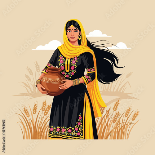Illustration of a graceful Punjabi woman in traditional attire holding a clay pot in a golden wheat field.