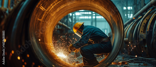 AI generator images of Mig ,Metal Inert Gas Welding Machine Stainless Steel Pipe Welding, Welders at oil refineries weld high-pressure pipes. Metal arc welding uses a continuous supply of consumable 
