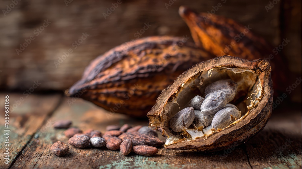 Fototapeta premium Close-Up of Cocoa Pods and Seeds Arranged on Rustic Wooden Surface Highlighting Natural Textures and Rich Colors Perfect for Food and Agriculture Themes