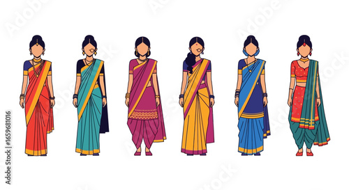 Diverse Traditional Indian Women's Attire Featuring Sarees and Kurtas