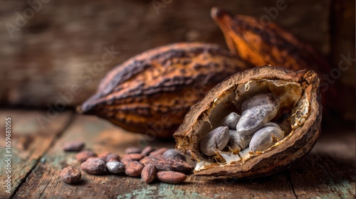 Wallpaper Mural Close-Up of Cocoa Pods and Seeds Arranged on Rustic Wooden Surface Highlighting Natural Textures and Rich Colors Perfect for Food and Agriculture Themes Torontodigital.ca