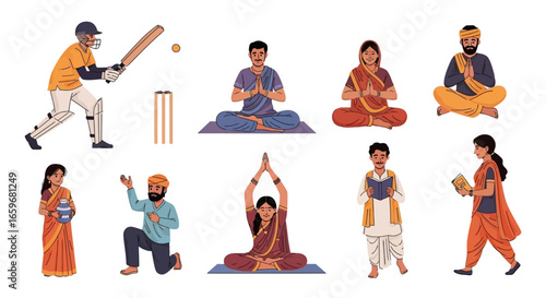 Illustrations of people practicing yoga and playing cricket, depicting Indian culture and lifestyle