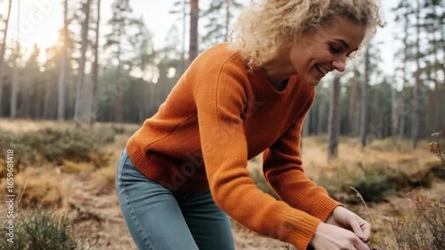 Woman gathering berries in a forest.