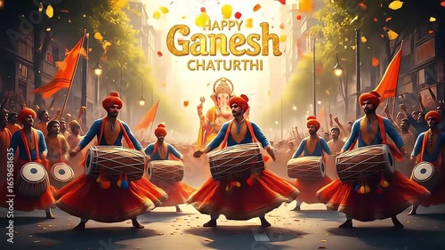 Joyful ganesh chaturthi street parade a vibrant celebration of ganpati bappa morya and hindu tradition with drums devotees and bright colors