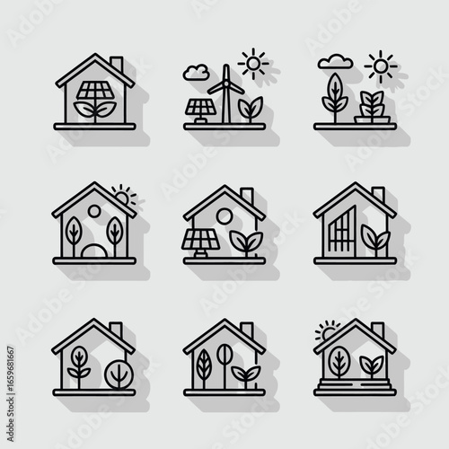Vector art of set of ecofriendly house icons with solar panels and wind turbines