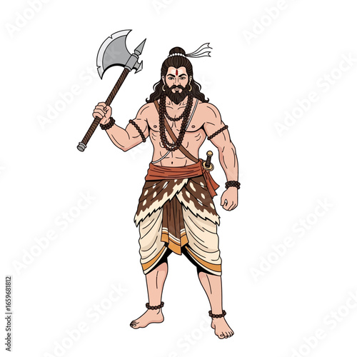 Dynamic illustration of a mighty ancient warrior, a strong male figure with a beard and long hair, wielding a formidable battle axe, depicted in traditional attire.