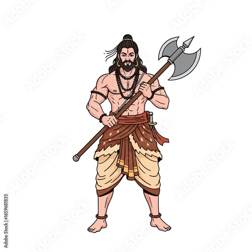 Illustration of a powerful warrior holding a battle axe, a strong figure from ancient mythology