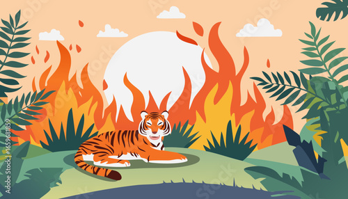 Endangered Tiger in Burning Forest – Climate Change and Wildlife Concept