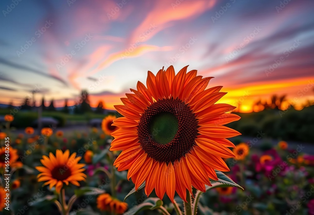 Obraz premium Ring of fire sunflower, vibrant sunset hues, Southern Oregon garden, clouds, Oregon