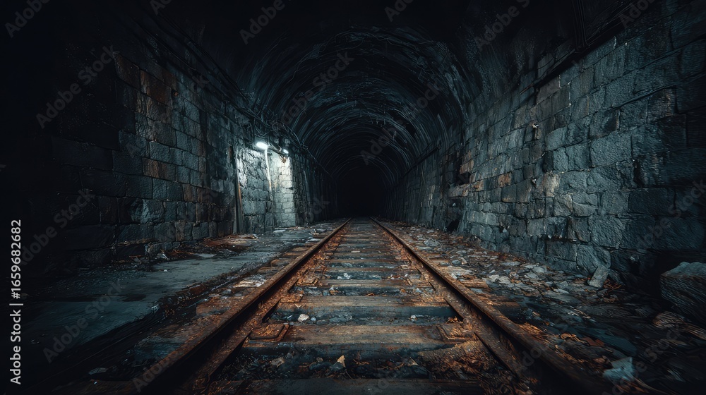 Naklejka premium Dark Abandoned Railway Tunnel with Mysterious Vibes and Eerie Atmosphere, Dim Lighting Illuminating Old Stone Walls and Tracks, Inviting Exploration