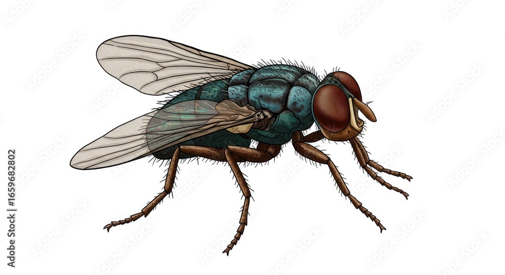 Detailed Illustration of a Metallic Green Bottle Fly, Side Profile, Isolated on White Detailed Illustration of a Metallic Green Bottle Fly, Side Profile, Isolated on White