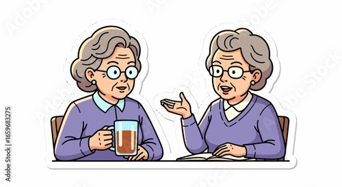 Cartoon Illustration of Two Senior Women Chatting Over Coffee
